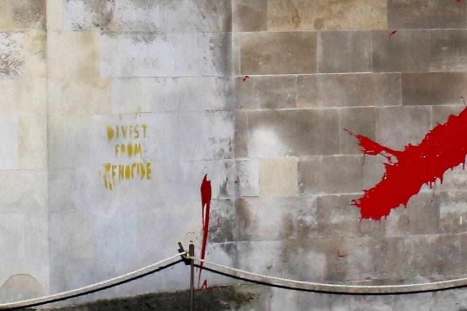 Paint thrown at Trinity College in protest against Israeli weapons investments